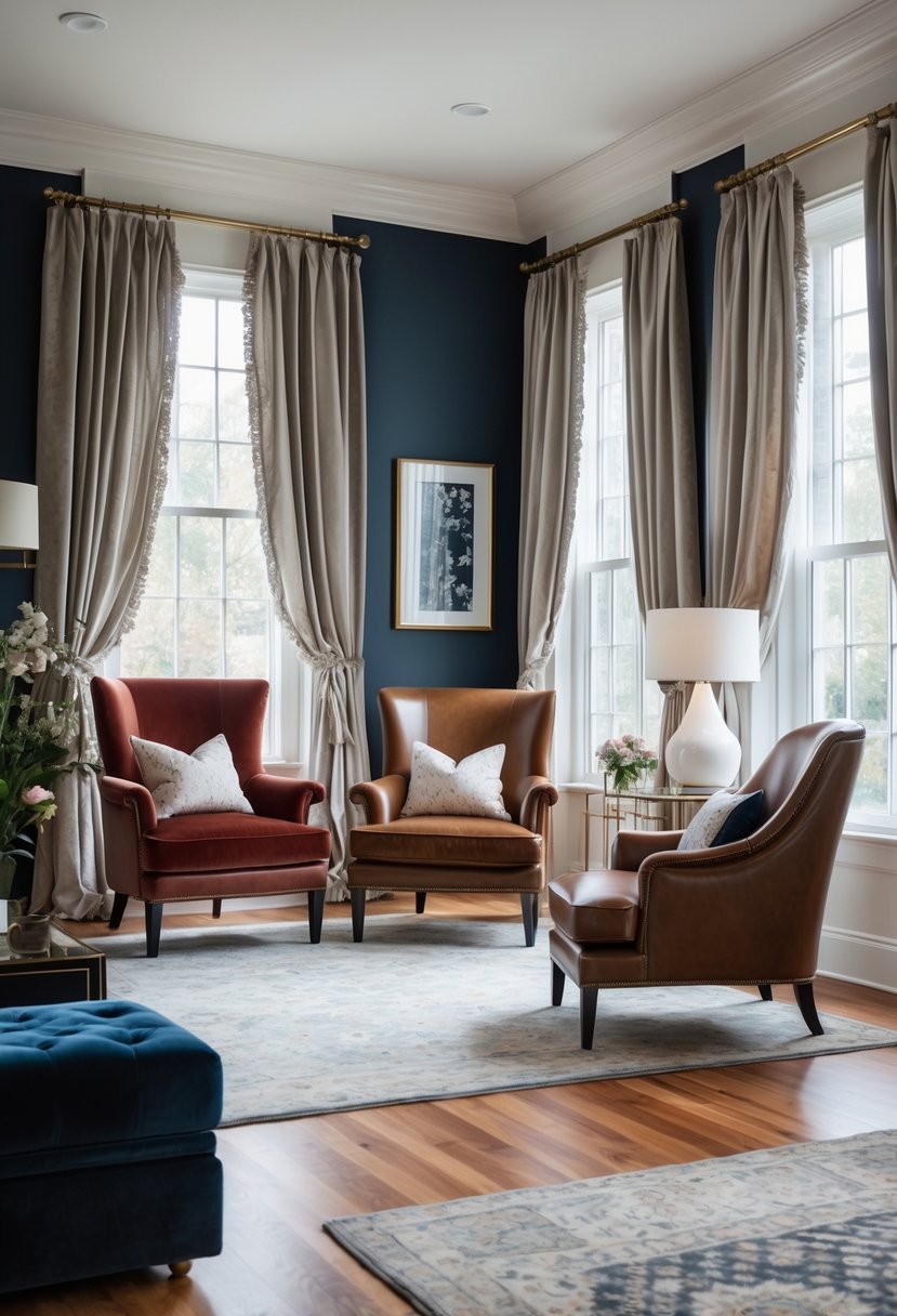 Parlor Makeover Ideas 2026: 21 Stylish Ways To Refresh Your Space 21 A stylish parlor room with velvet cushions, silk curtains, and leather chairs arranged in a cozy and elegant setting.