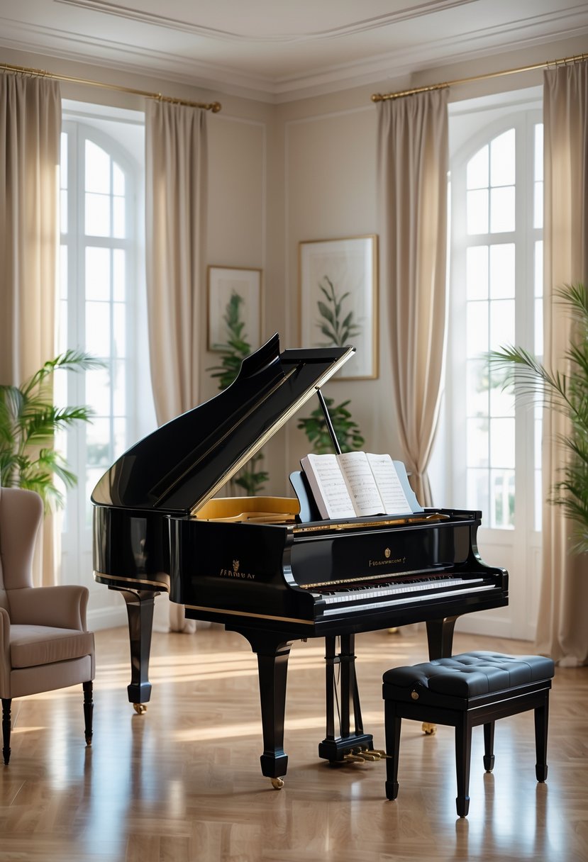 Parlor Makeover Ideas 2026: 21 Stylish Ways To Refresh Your Space 22 A grand piano in the center of a stylishly decorated parlor with natural light and modern furniture.