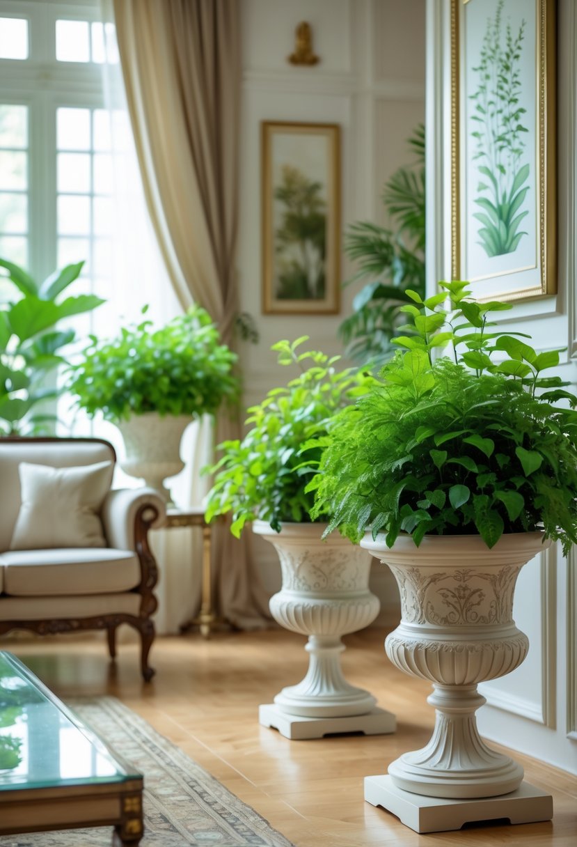 Parlor Makeover Ideas 2026: 21 Stylish Ways To Refresh Your Space 23 A bright parlor with ornate planters holding fresh green plants, surrounded by comfortable furniture and decorative elements.
