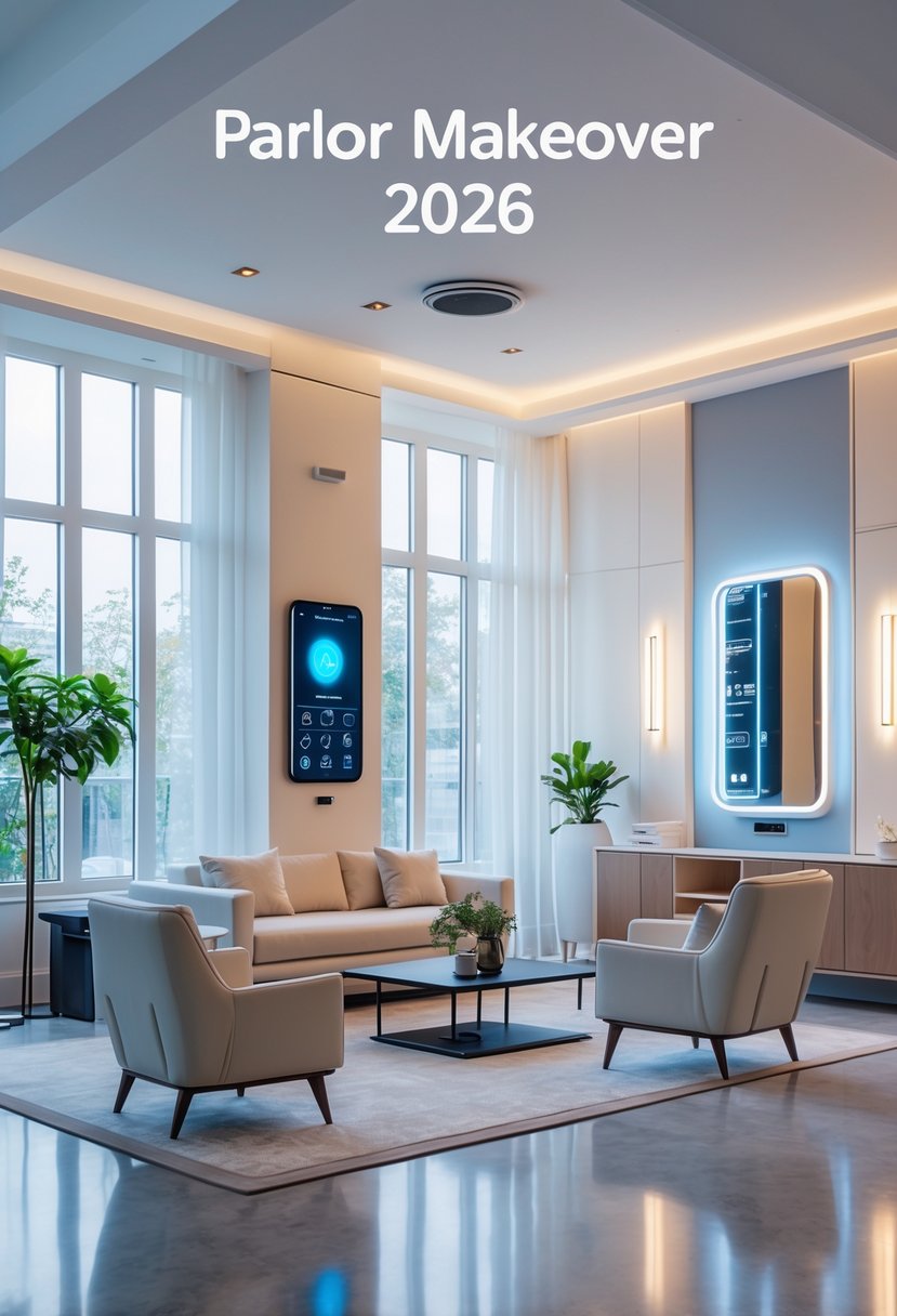 Parlor Makeover Ideas 2026: 21 Stylish Ways To Refresh Your Space 25 A bright and modern parlor room featuring comfortable seating and integrated smart technology devices like a touchscreen panel and smart mirror.