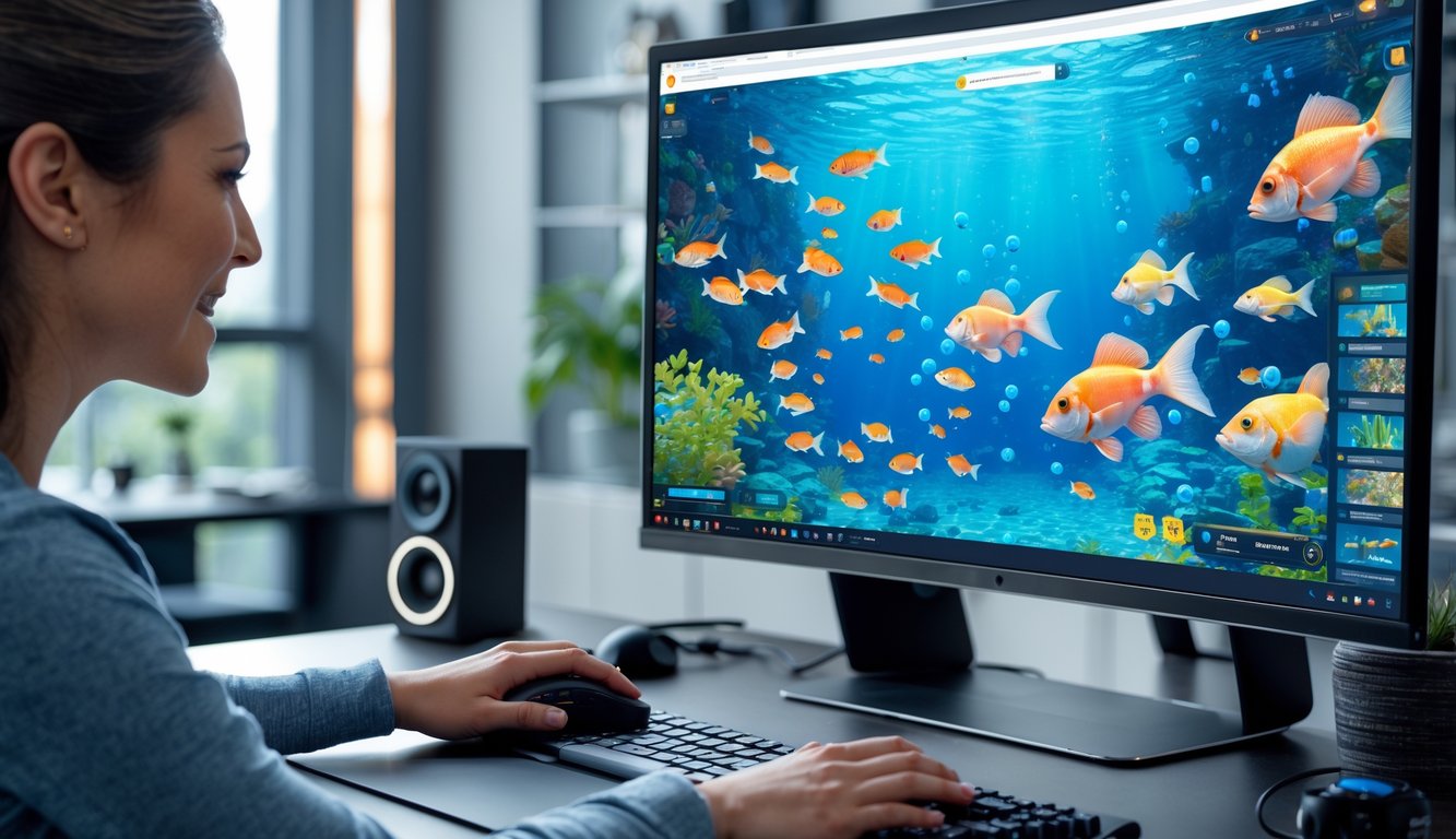 Seseorang sedang bermain game tembak ikan online di komputer dengan layar menampilkan ikan warna-warni di bawah air.