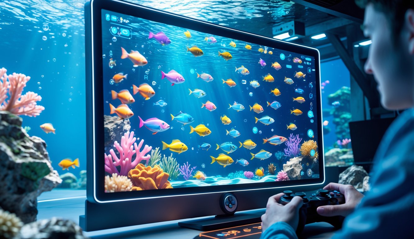 Adegan permainan tembak ikan interaktif dengan layar menampilkan ikan berwarna-warni dan tangan pemain yang memegang pengendali permainan.