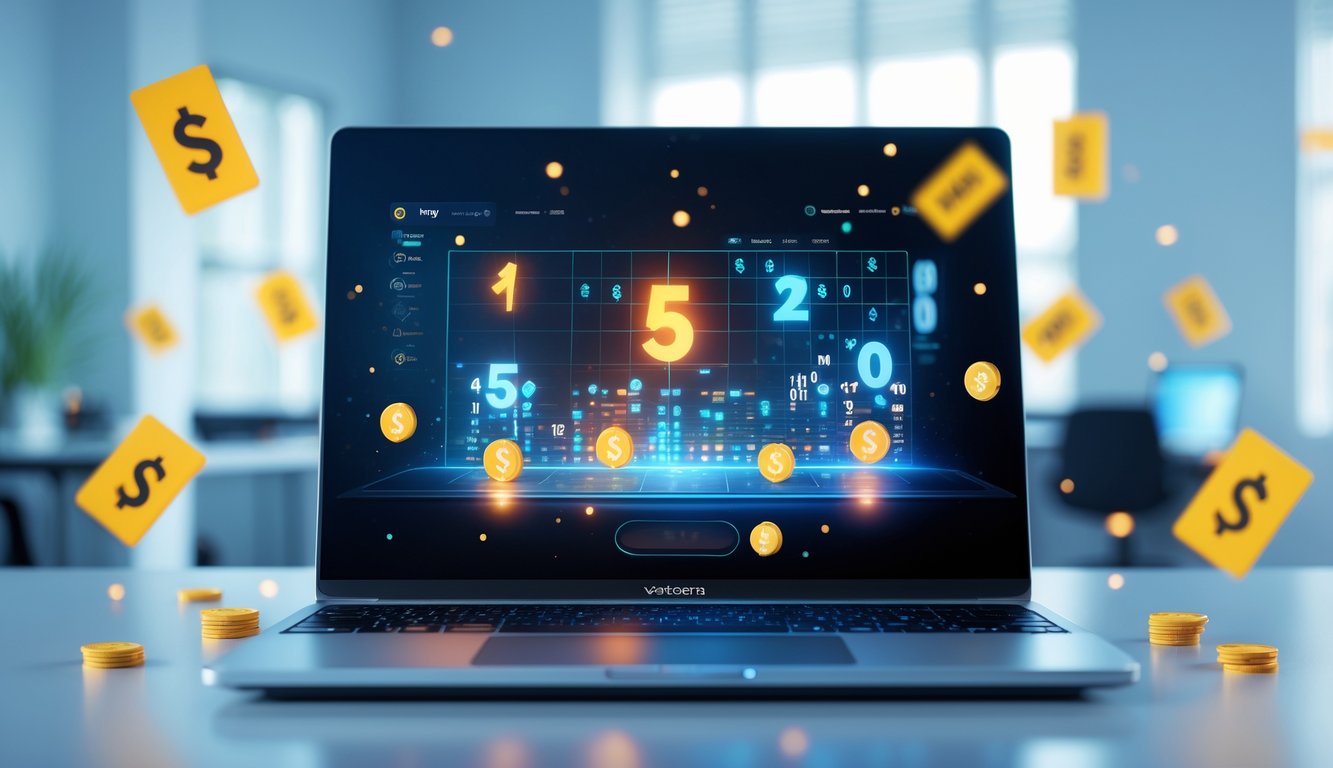 Seorang pengguna sedang mengoperasikan komputer dengan tampilan angka dan grafik lotere digital di layar dalam ruangan kerja yang rapi.