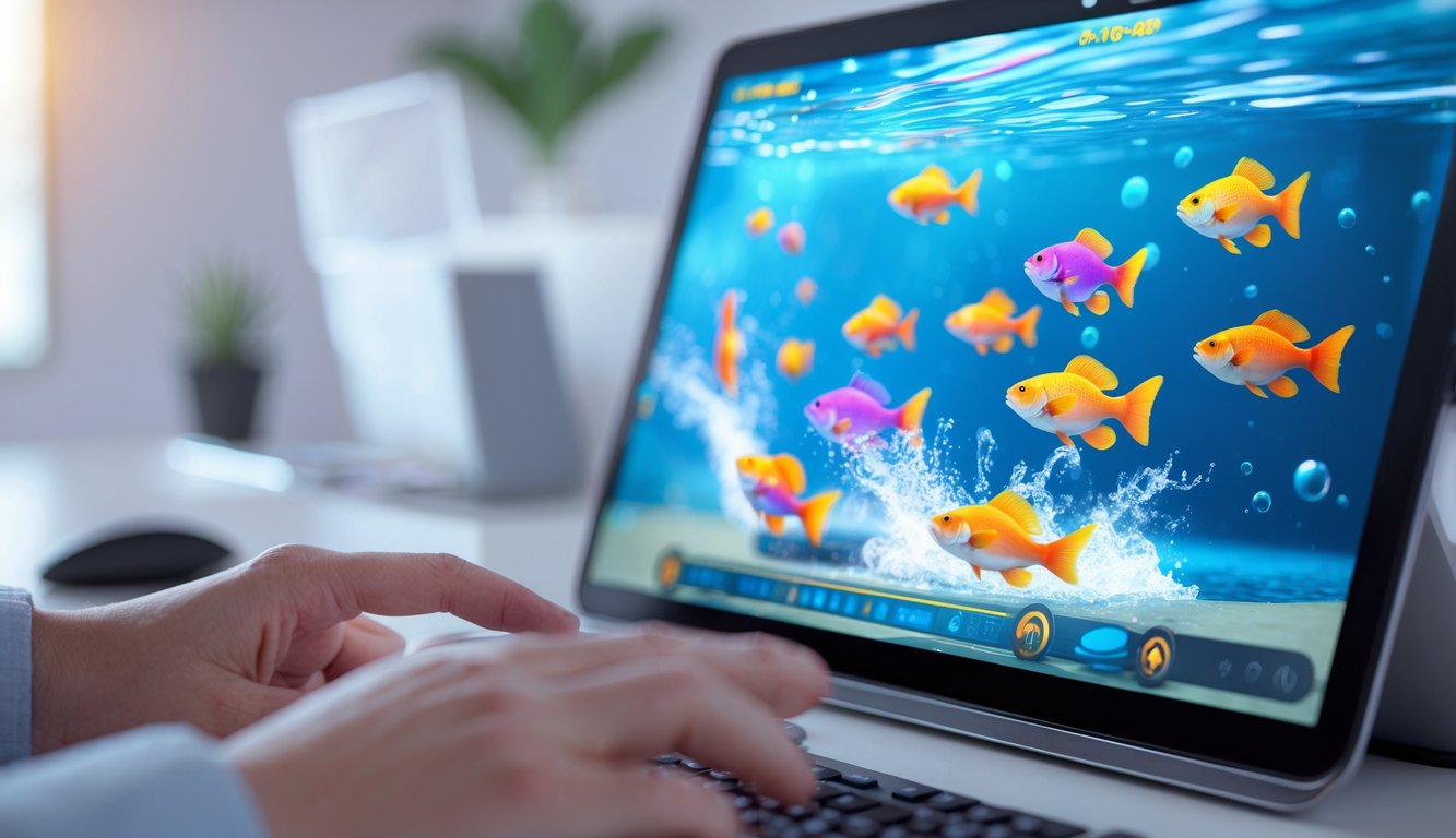 Seseorang menggunakan perangkat digital untuk bermain game menembak ikan secara online dengan latar belakang ruang kerja yang rapi.