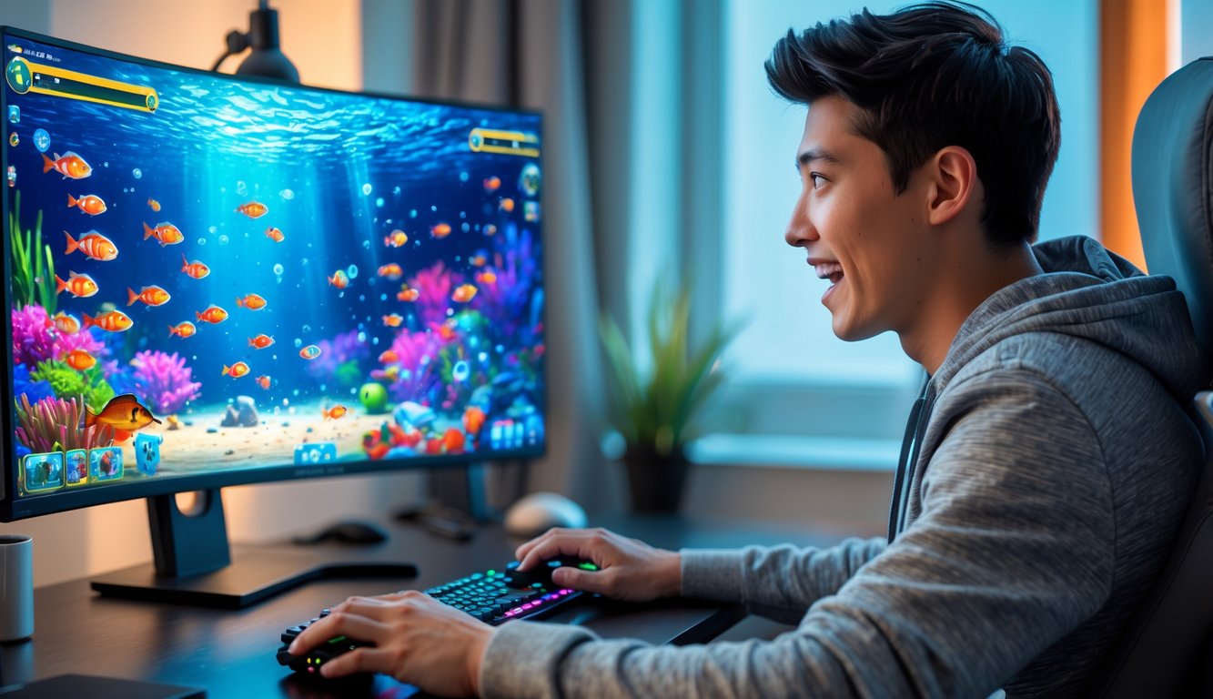 Seorang gamer muda sedang bermain permainan menembak ikan online di komputer dengan layar menampilkan adegan bawah laut yang penuh warna dan berbagai ikan.