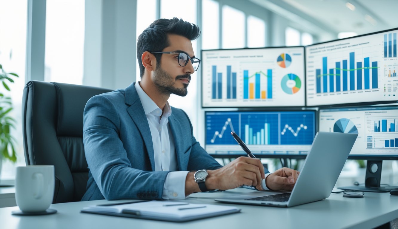 Seorang profesional sedang duduk di meja kantor modern sambil menganalisis data di laptop dengan latar belakang layar yang menampilkan grafik.