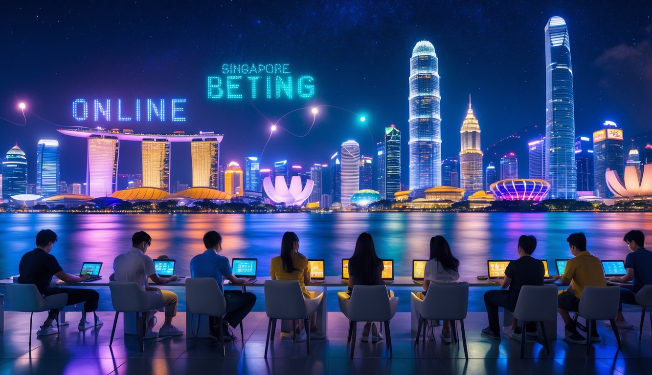 Pemandangan kota modern Asia di malam hari dengan gedung pencakar langit dan lampu neon, orang-orang menggunakan perangkat digital di latar depan.