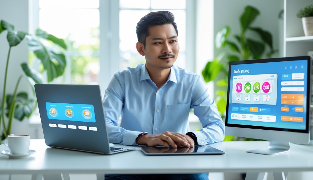 Seorang pria Indonesia duduk di meja kerja dengan perangkat digital, fokus menganalisis data terkait permainan togel online di ruangan yang terang dan rapi.