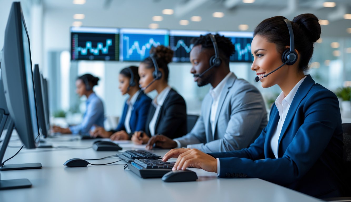 Tim layanan pelanggan yang profesional bekerja di kantor modern dengan komputer dan headset, menunjukkan dukungan nonstop yang dapat dipercaya.
