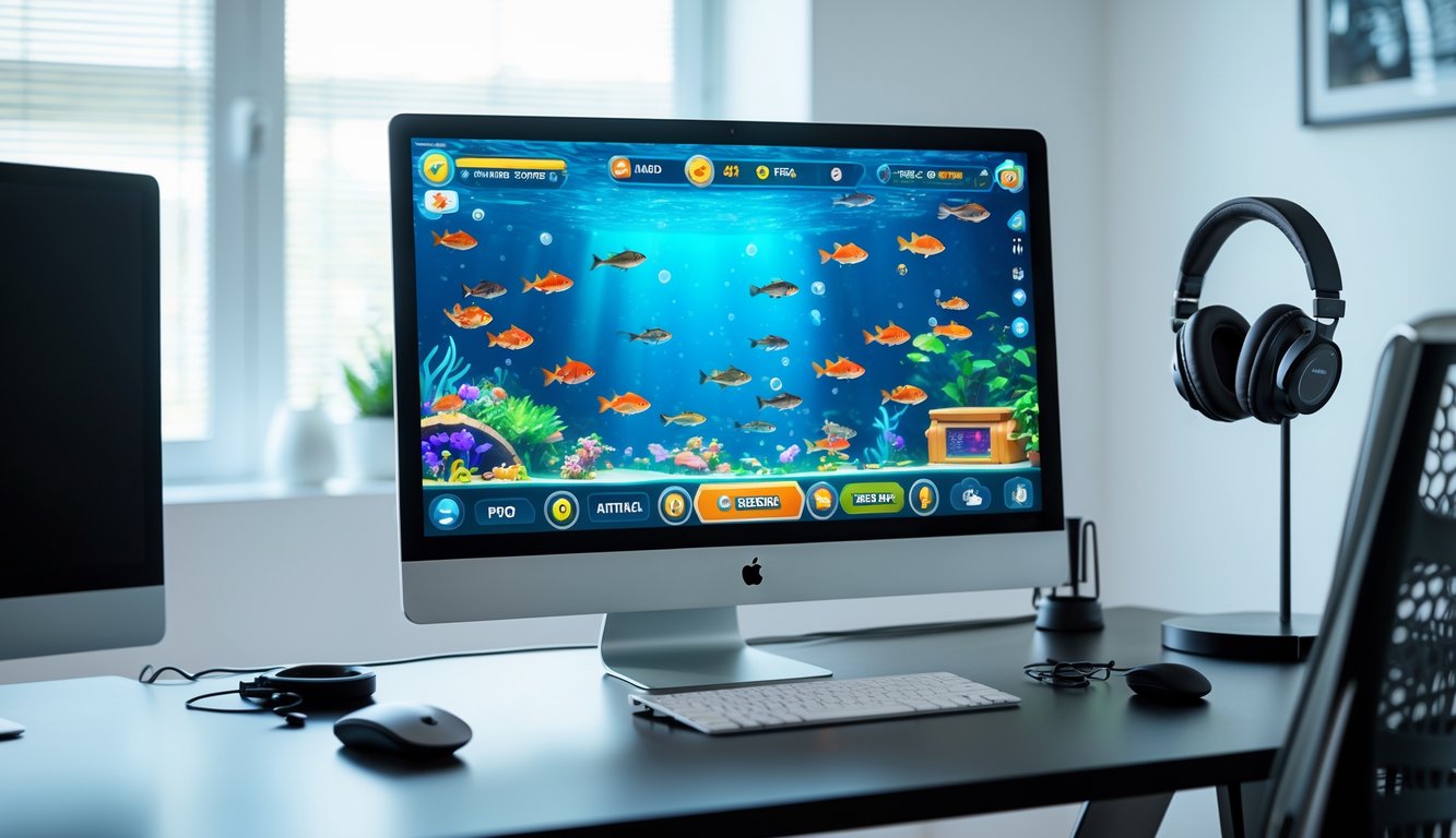 Sebuah layar komputer menampilkan permainan tembak ikan online dengan gambar ikan berwarna-warni dan elemen interaktif di sebuah ruang kerja modern.