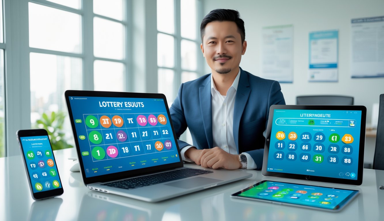 Seorang pria bisnis duduk di meja kantor modern dengan perangkat digital yang menampilkan hasil togel dan grafik pembayaran.