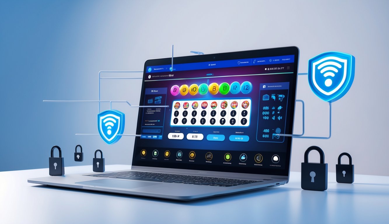 Sebuah laptop menampilkan situs judi togel online dengan simbol sinyal Wi-Fi dan ikon keamanan di sekitarnya.