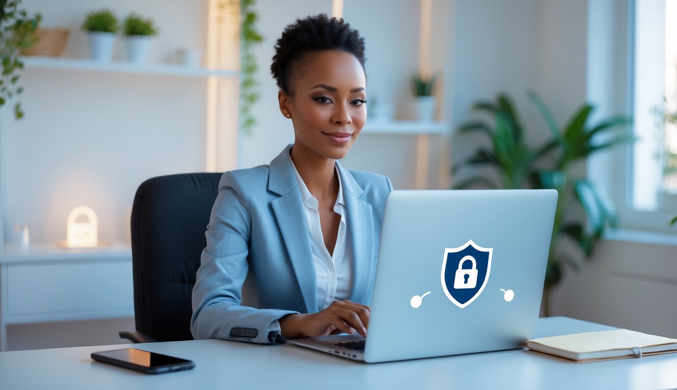 Seseorang duduk di meja kerja menggunakan laptop dengan ponsel dan buku catatan di samping, di ruang kerja rumah yang terang dan rapi.