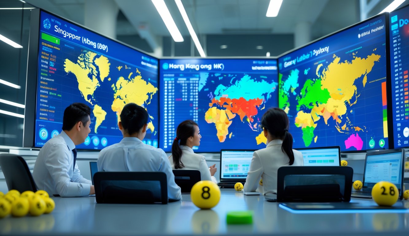 Sejumlah profesional sedang bekerja di kantor modern dengan layar digital besar yang menampilkan grafik dan peta kota Singapura, Hong Kong, dan Sydney.