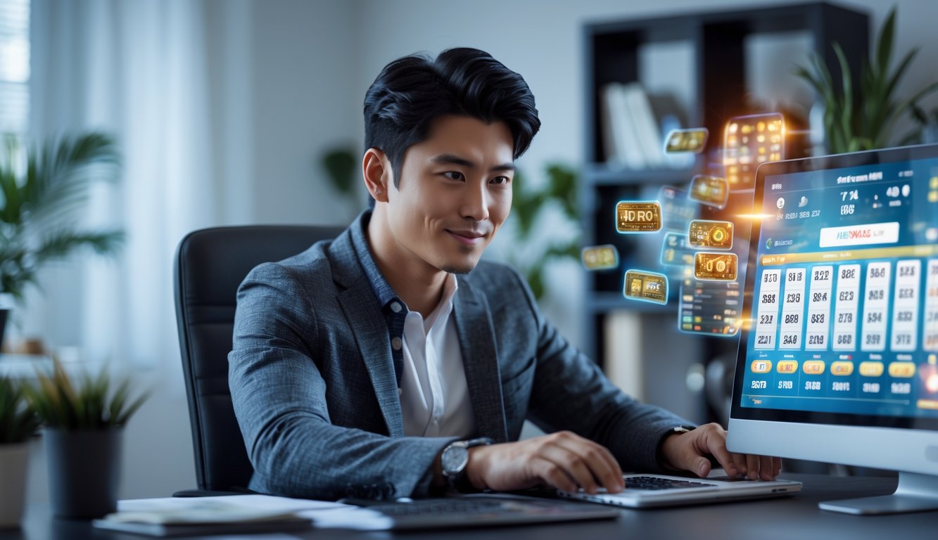 Seorang pria muda duduk di meja dengan laptop, terlihat fokus dan tersenyum di ruang kerja yang rapi.