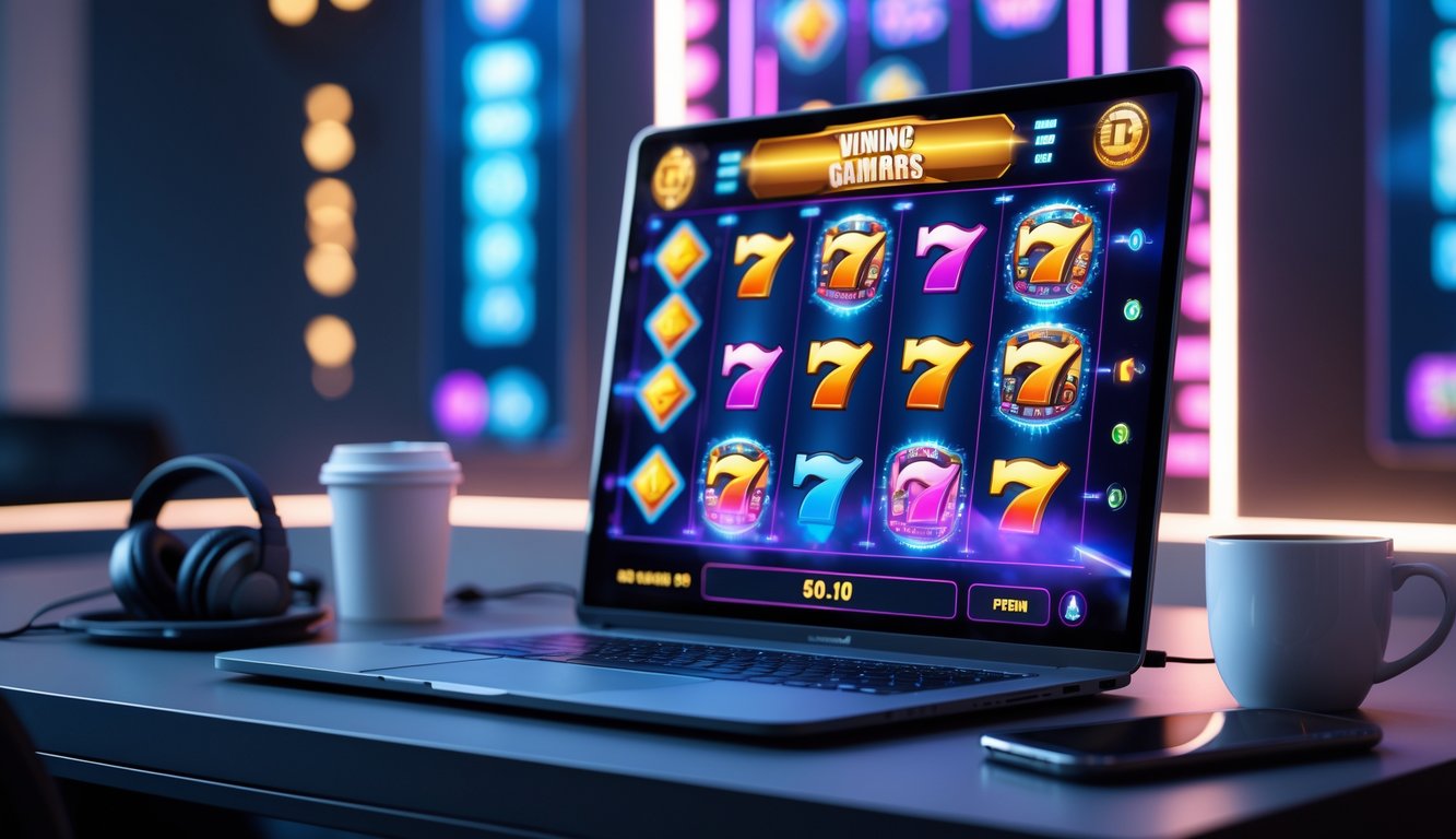 Seorang pemain sedang bermain mesin slot online di depan komputer dengan latar belakang ruangan gaming modern.