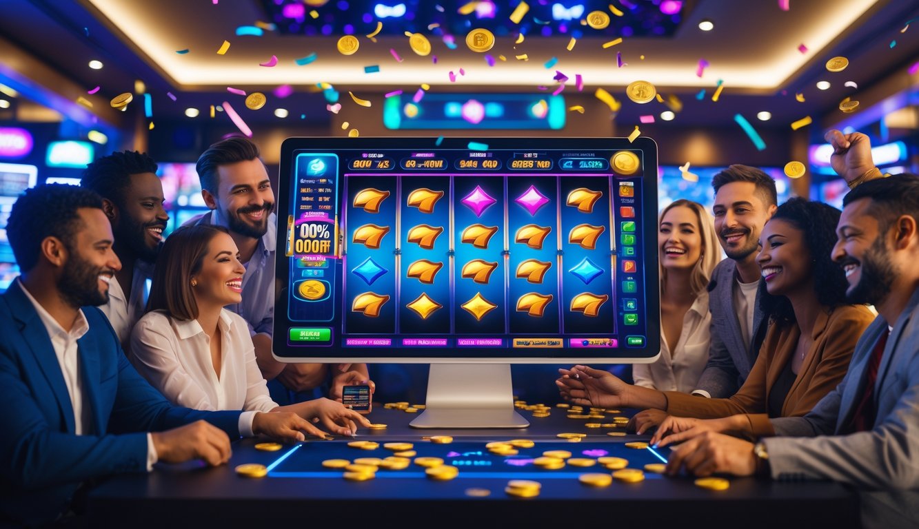 Beberapa orang sedang bermain mesin slot secara online di sebuah ruang permainan modern dengan suasana ceria dan penuh semangat.