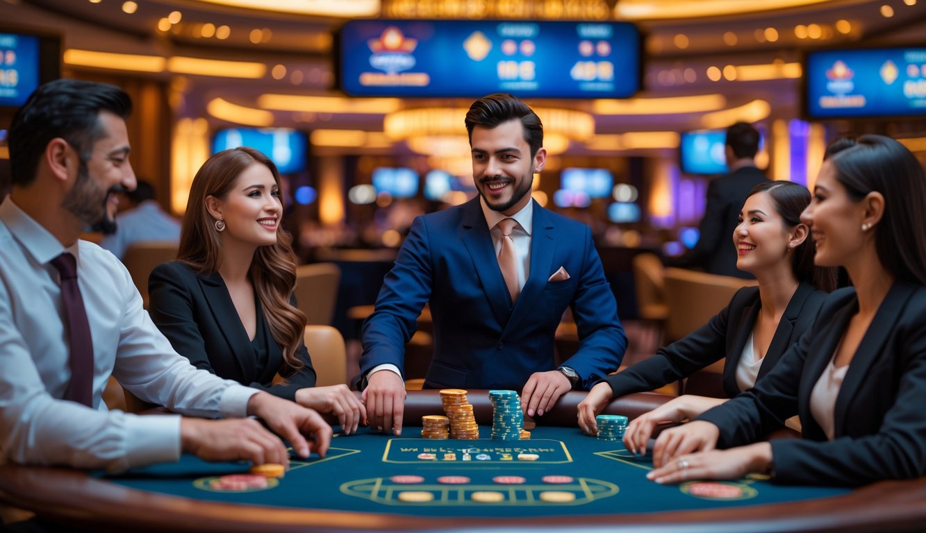 Seorang dealer berjubah formal sedang melayani pemain yang antusias di meja permainan kasino dengan dekorasi mewah dan pencahayaan hangat.