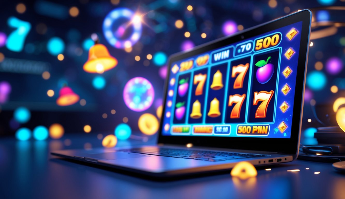 Sebuah layar komputer menampilkan grafik mesin slot berwarna-warni dengan latar belakang kabur dan cahaya lembut.