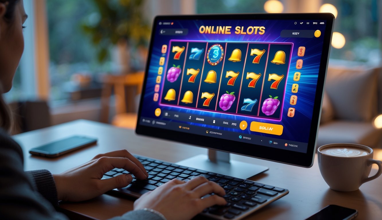 Seorang pemain sedang bermain game slot online di komputer dengan latar ruangan yang nyaman dan pencahayaan hangat.
