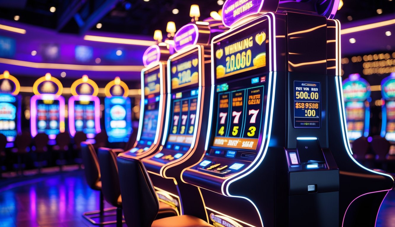 Mesin slot modern dengan lampu berwarna cerah di lantai kasino yang ramai.