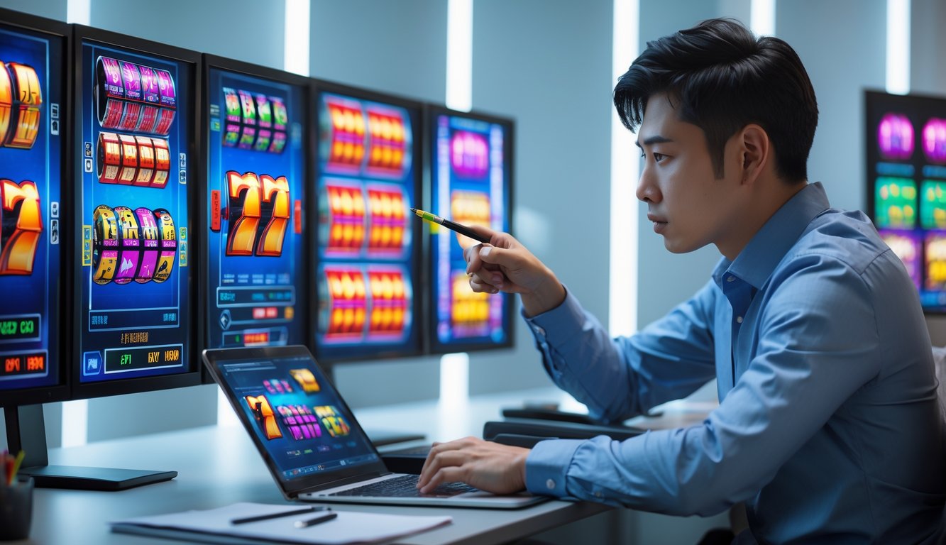 Seorang pria muda duduk di meja modern sambil melihat layar komputer yang menampilkan pola mesin slot berwarna-warni dengan fokus dan serius.