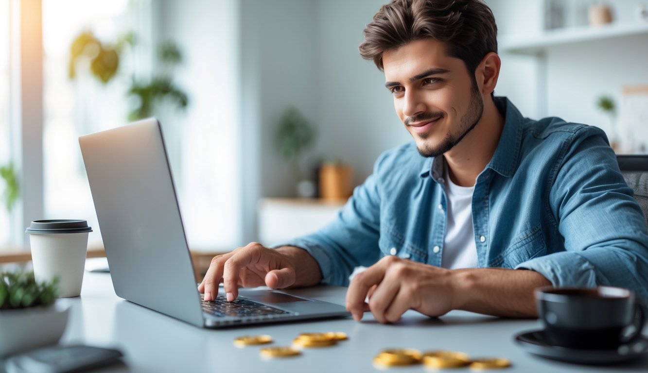 Seorang dewasa muda duduk di meja modern menggunakan laptop untuk bermain slot online dengan ekspresi fokus.