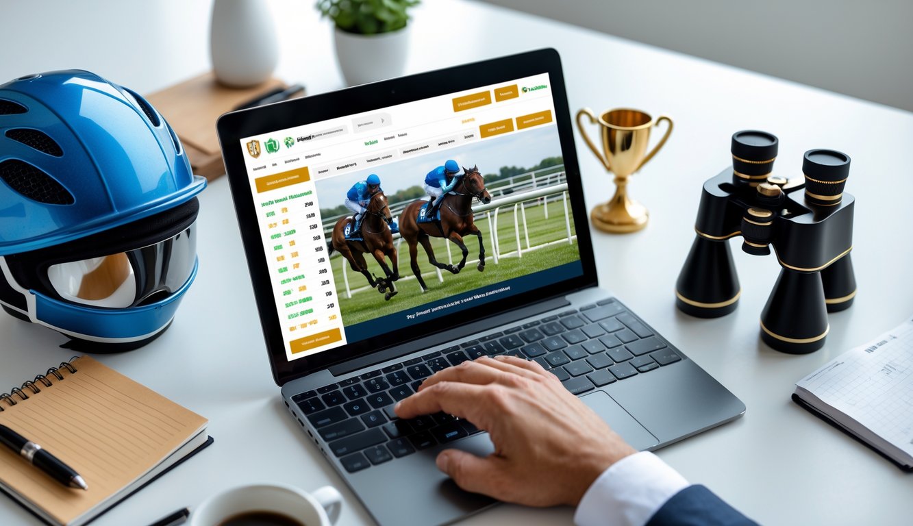 Seorang pemula sedang menggunakan laptop untuk memasang taruhan balap kuda online dengan perlengkapan balap kuda di meja kerja.
