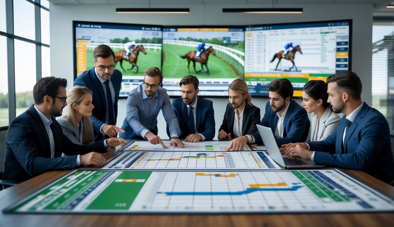 Sekelompok profesional sedang menganalisis peta lintasan balap kuda dan data joki di ruang kantor modern.