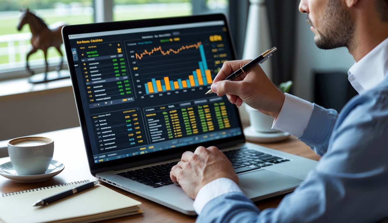 Seseorang sedang menganalisis peluang taruhan balap kuda secara online di depan laptop dengan catatan dan kopi di meja.