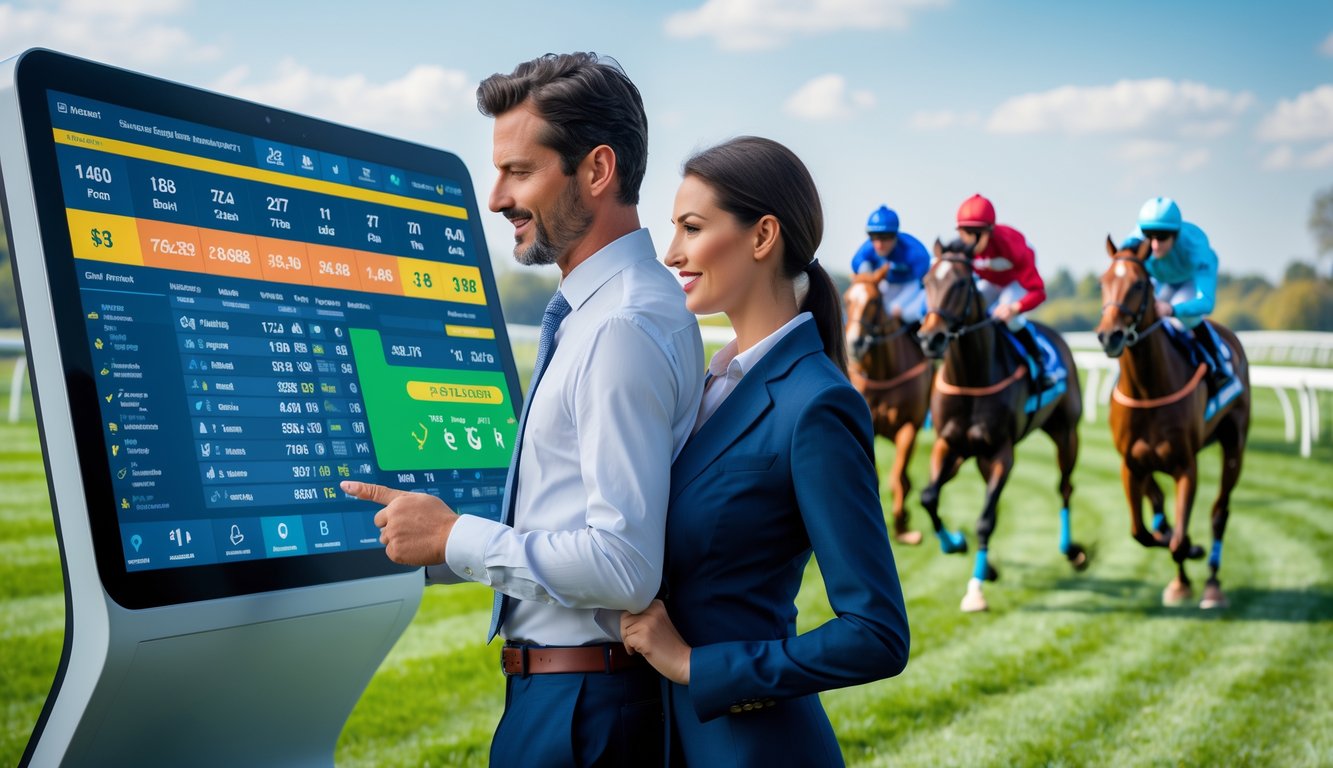 Seorang pria dan wanita berdiri di samping layar sentuh digital yang menampilkan data balap kuda dengan latar belakang kuda dan joki yang sedang berlomba di lintasan balap.
