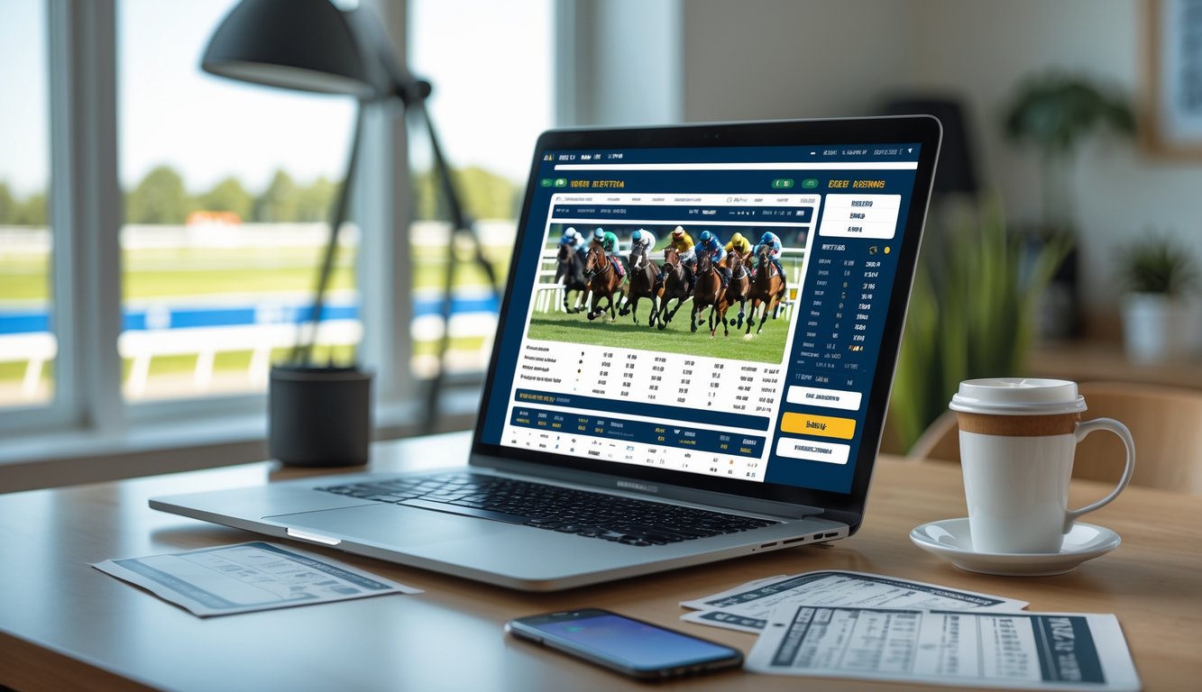 Seorang pengguna komputer dengan layar menampilkan antarmuka taruhan balap kuda online, latar belakang balapan kuda sedang berlangsung, di meja terdapat secangkir kopi dan ponsel.