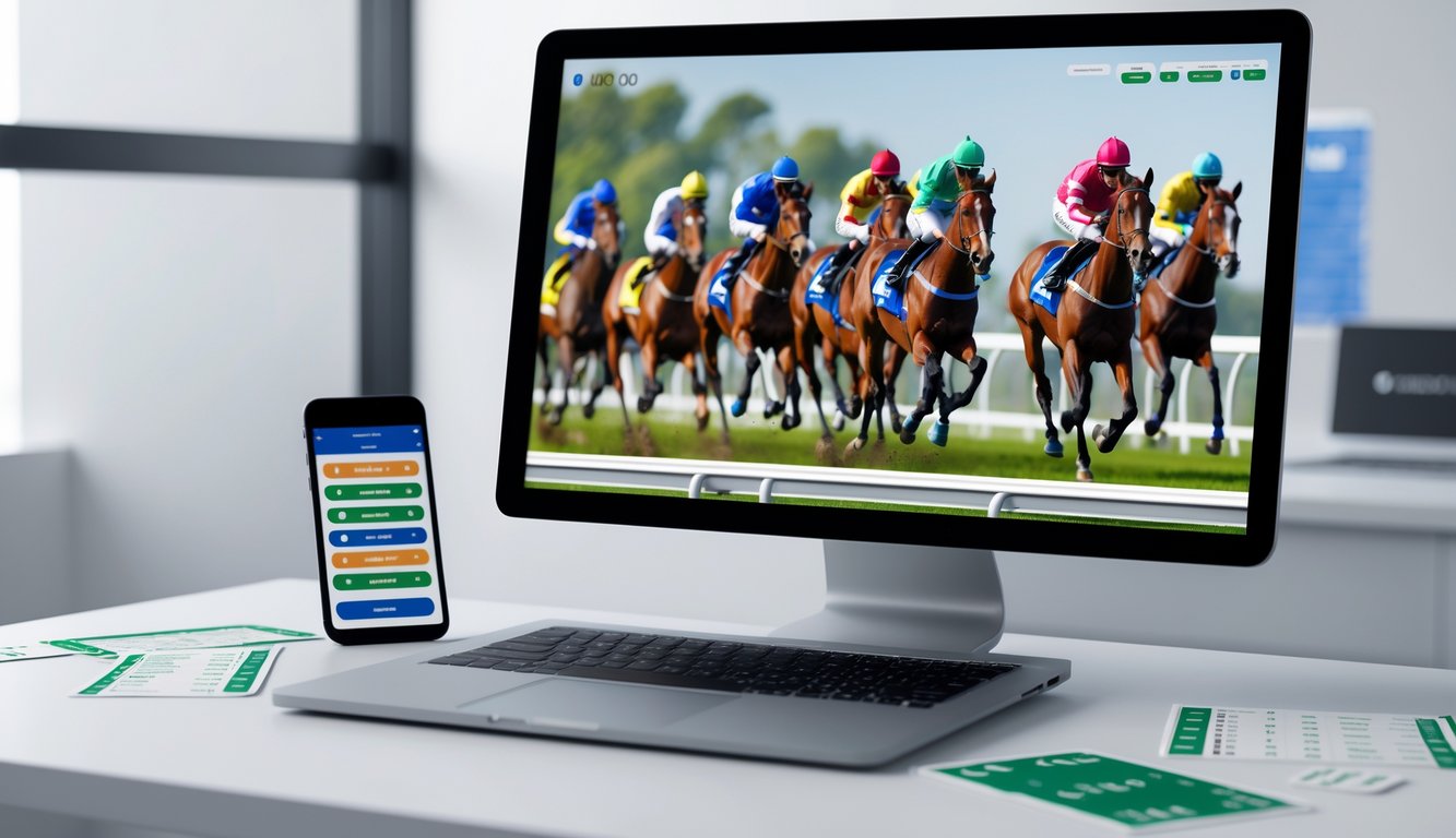 Seseorang menggunakan komputer yang menampilkan simulasi balap kuda virtual dengan beberapa kuda berlari di lintasan balap.