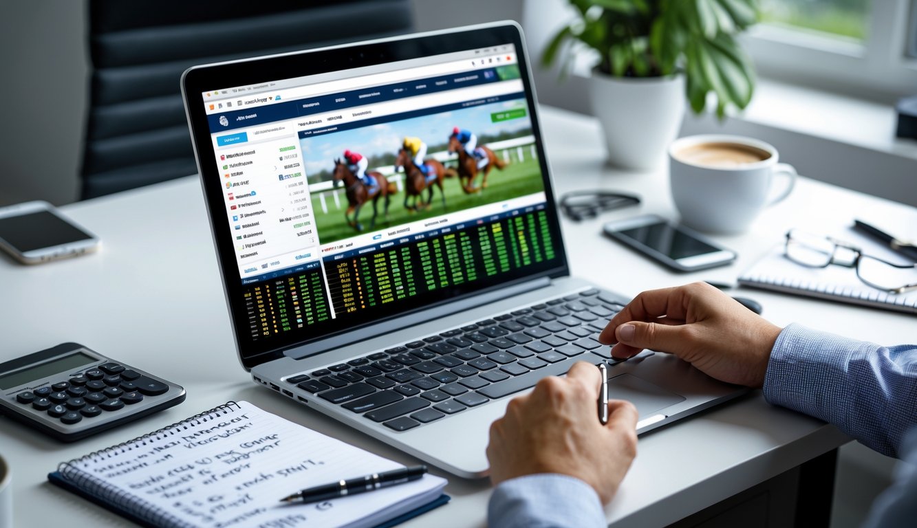 Meja kerja dengan laptop yang menampilkan situs taruhan balap kuda, kalkulator, buku catatan, dan tangan seseorang yang sedang bekerja.