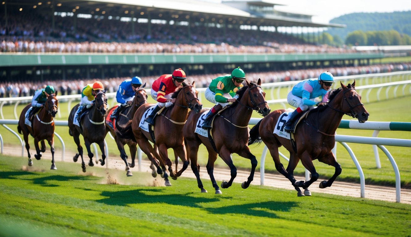 Beberapa kuda pacu sedang berlari cepat di lintasan balap dengan joki mengenakan pakaian berwarna-warni, di depan kerumunan penonton yang antusias.