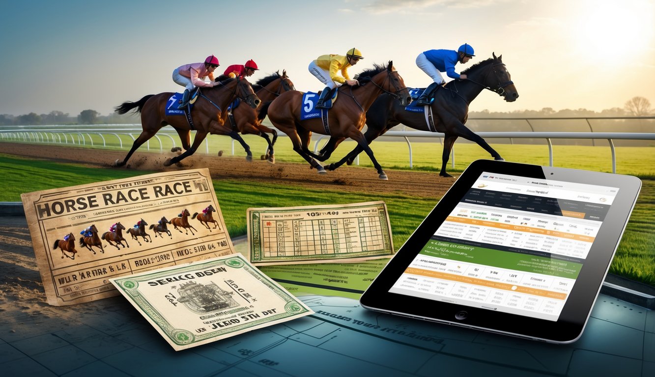 Ilustrasi gabungan balap kuda tradisional dengan elemen teknologi digital modern yang menunjukkan perkembangan taruhan balap kuda.