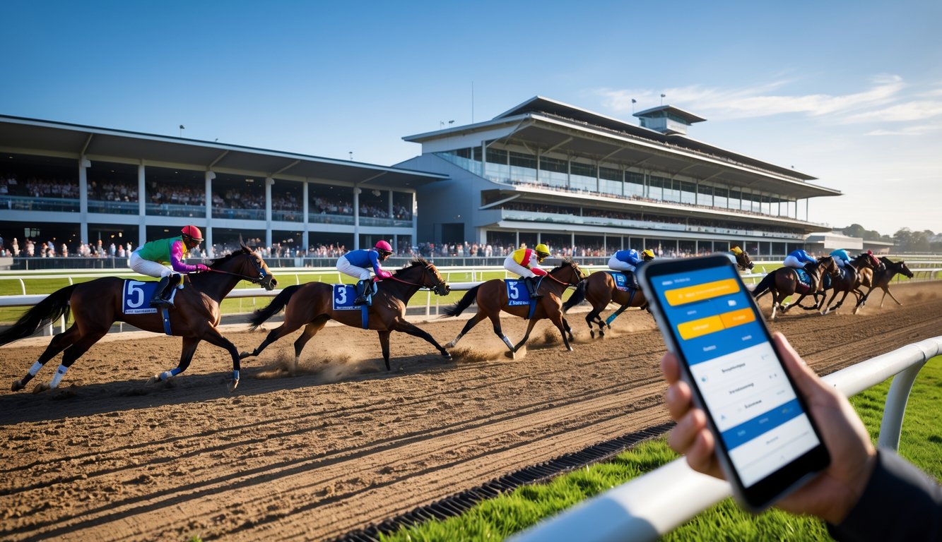 Beberapa kuda pacuan dengan joki berwarna-warni sedang berlari kencang di lintasan balap dengan penonton di tribun dan seseorang menggunakan perangkat digital untuk memasang taruhan online.