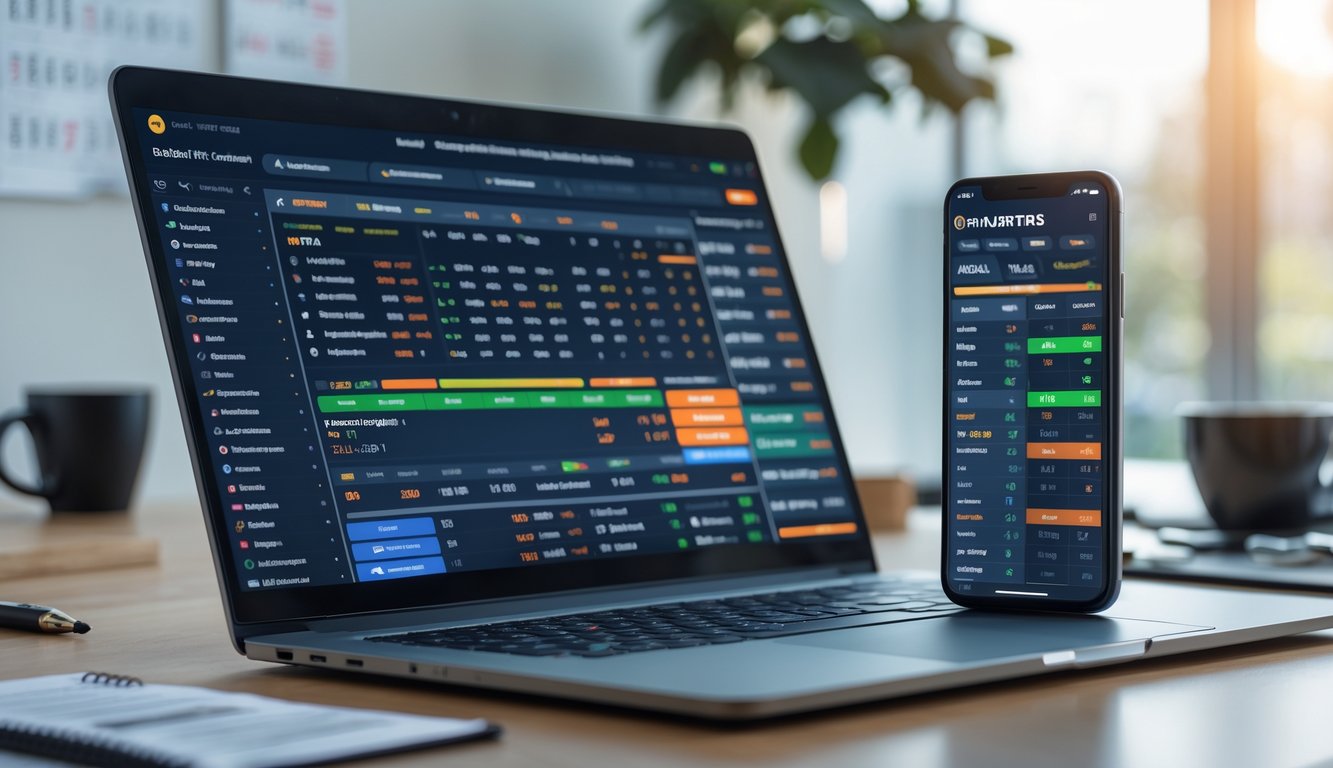 Seorang pengguna sedang melihat situs taruhan online lengkap di laptop dan ponsel di meja kerja yang rapi.