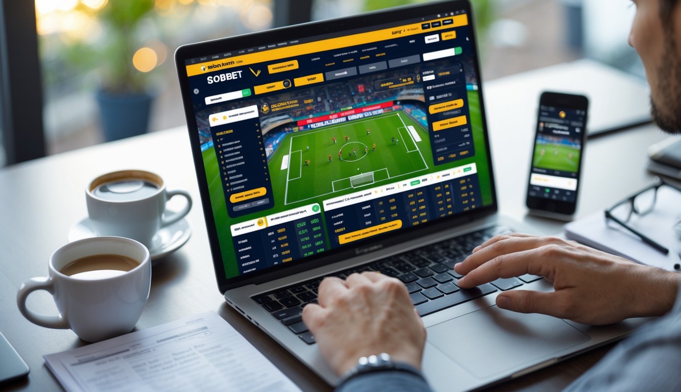 Seseorang menggunakan laptop dengan tampilan taruhan sepak bola online di meja kerja.