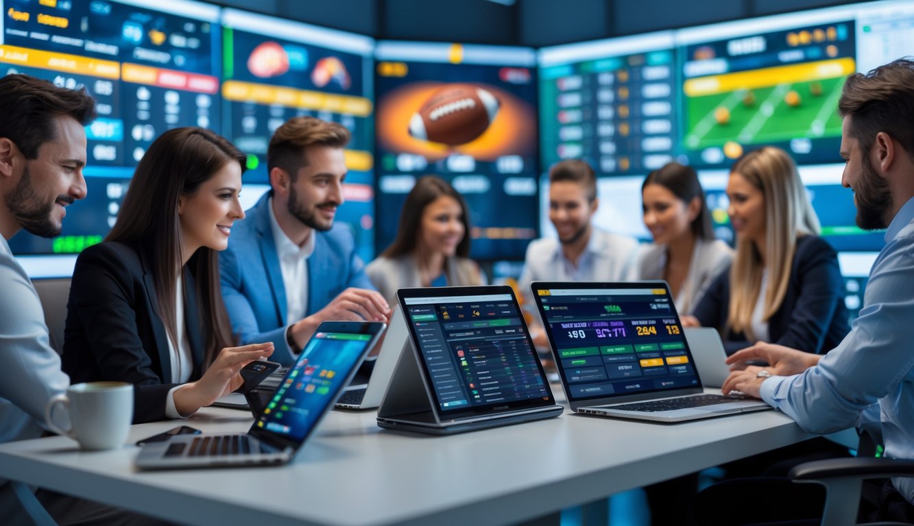 Beberapa orang menggunakan perangkat digital untuk memasang taruhan olahraga secara online di ruang kerja modern.