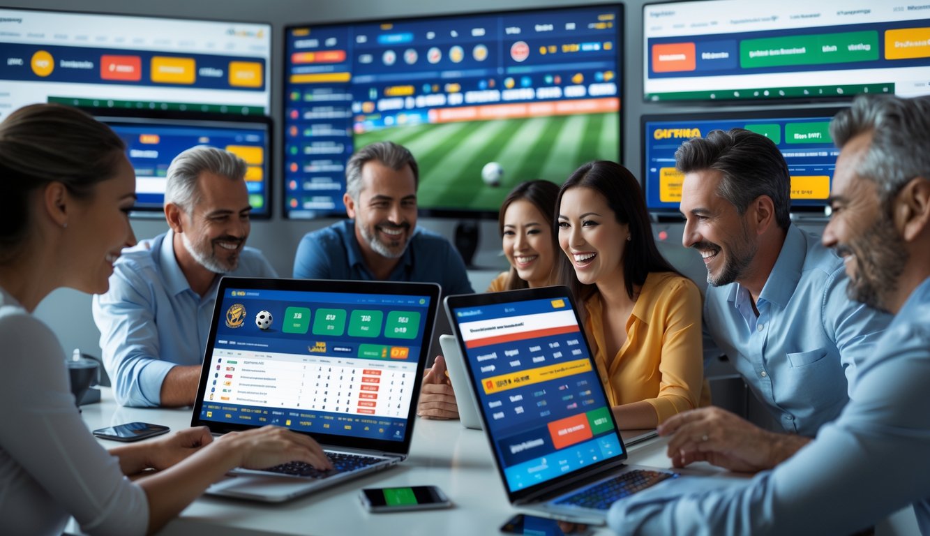 Beberapa orang sedang menggunakan komputer dan perangkat digital untuk memasang taruhan olahraga secara online dengan ekspresi antusias di sebuah ruangan modern.