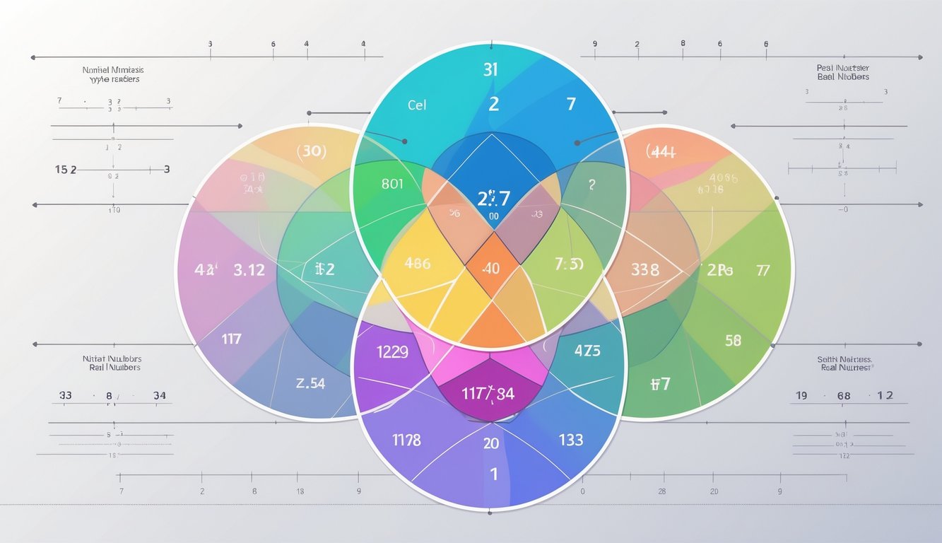 Ilustracija skupova brojeva prikazuje nekoliko preklapajućih i zasebnih skupova u obliku Vennovih dijagrama različitih boja.