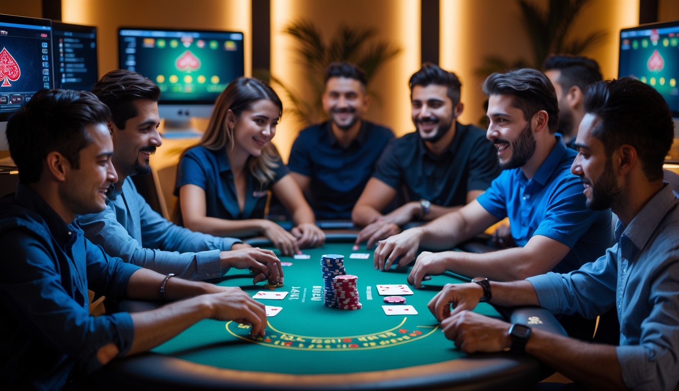 Suasana permainan poker online yang ramai di malam hari dengan beberapa pemain fokus di meja poker dan layar komputer menampilkan permainan.