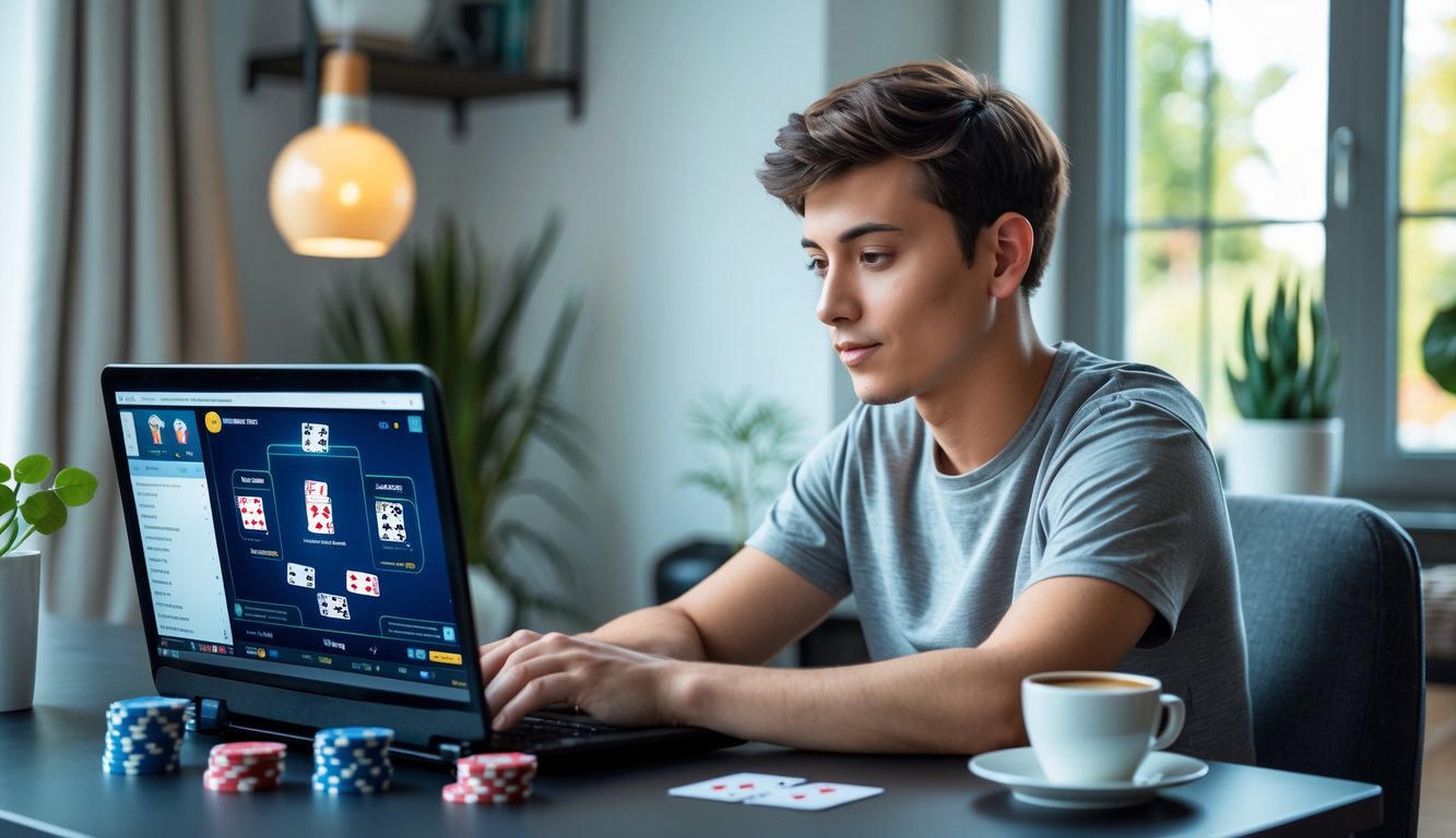 Seorang dewasa muda sedang bermain poker online di laptop di ruang tamu yang nyaman dengan chip poker dan kartu di meja.