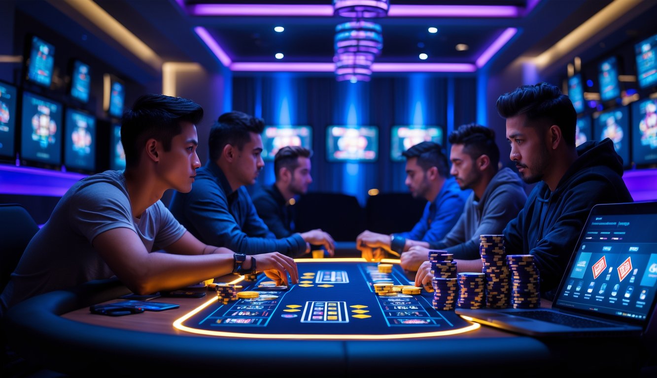 Sekelompok pemain poker online yang serius bermain di meja poker digital dengan layar komputer dan ponsel menampilkan permainan, di ruangan dengan pencahayaan biru dan ungu.