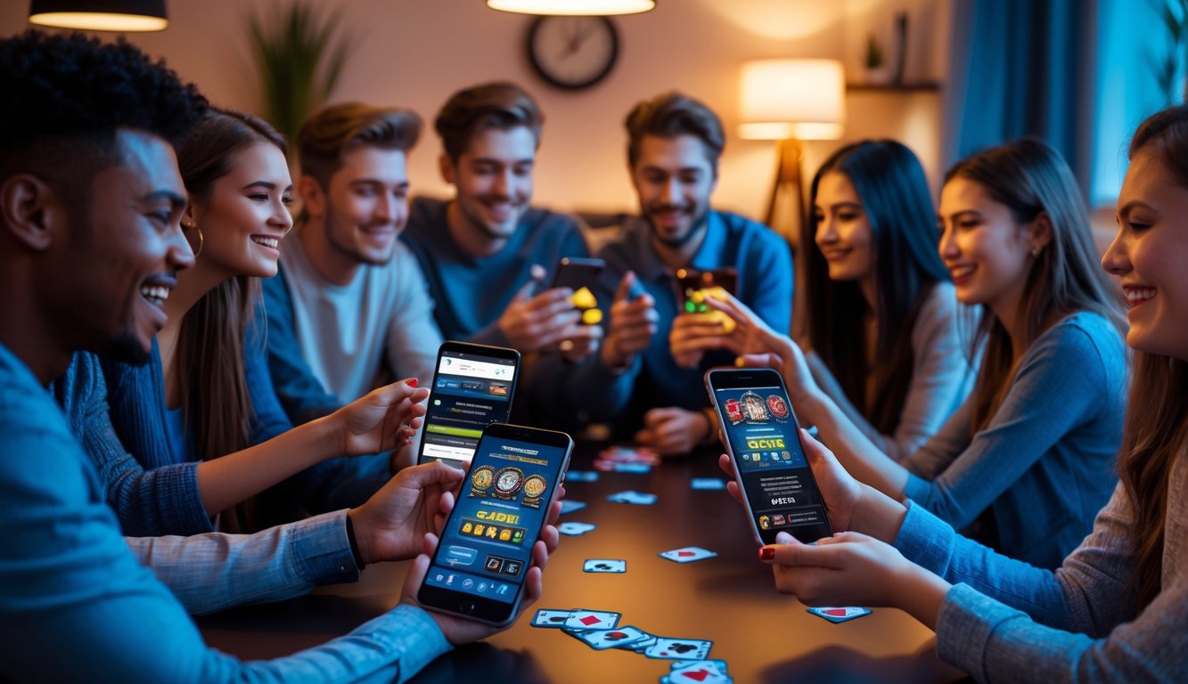 Sekelompok orang muda bermain poker online dengan ponsel dan tablet di ruang tamu yang nyaman.