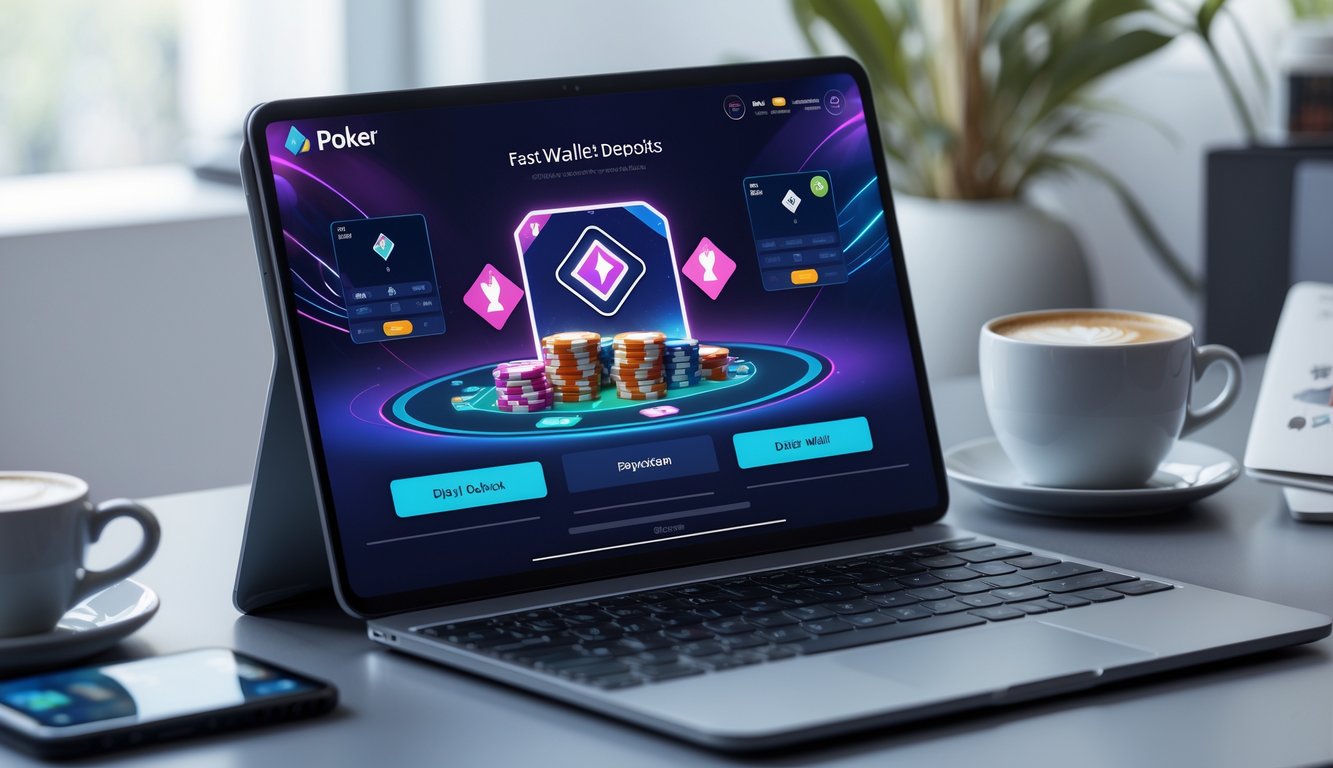 Seseorang menggunakan laptop untuk bermain poker online dengan tampilan e-wallet dan suasana ruang kerja yang rapi.