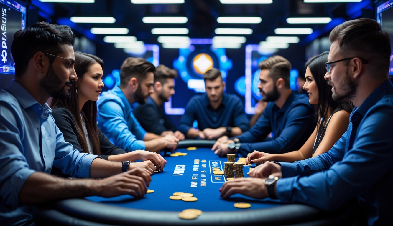 Sekelompok pemain poker sedang bermain di meja poker modern dengan suasana serius dan fokus, menggunakan perangkat digital untuk bermain secara online.