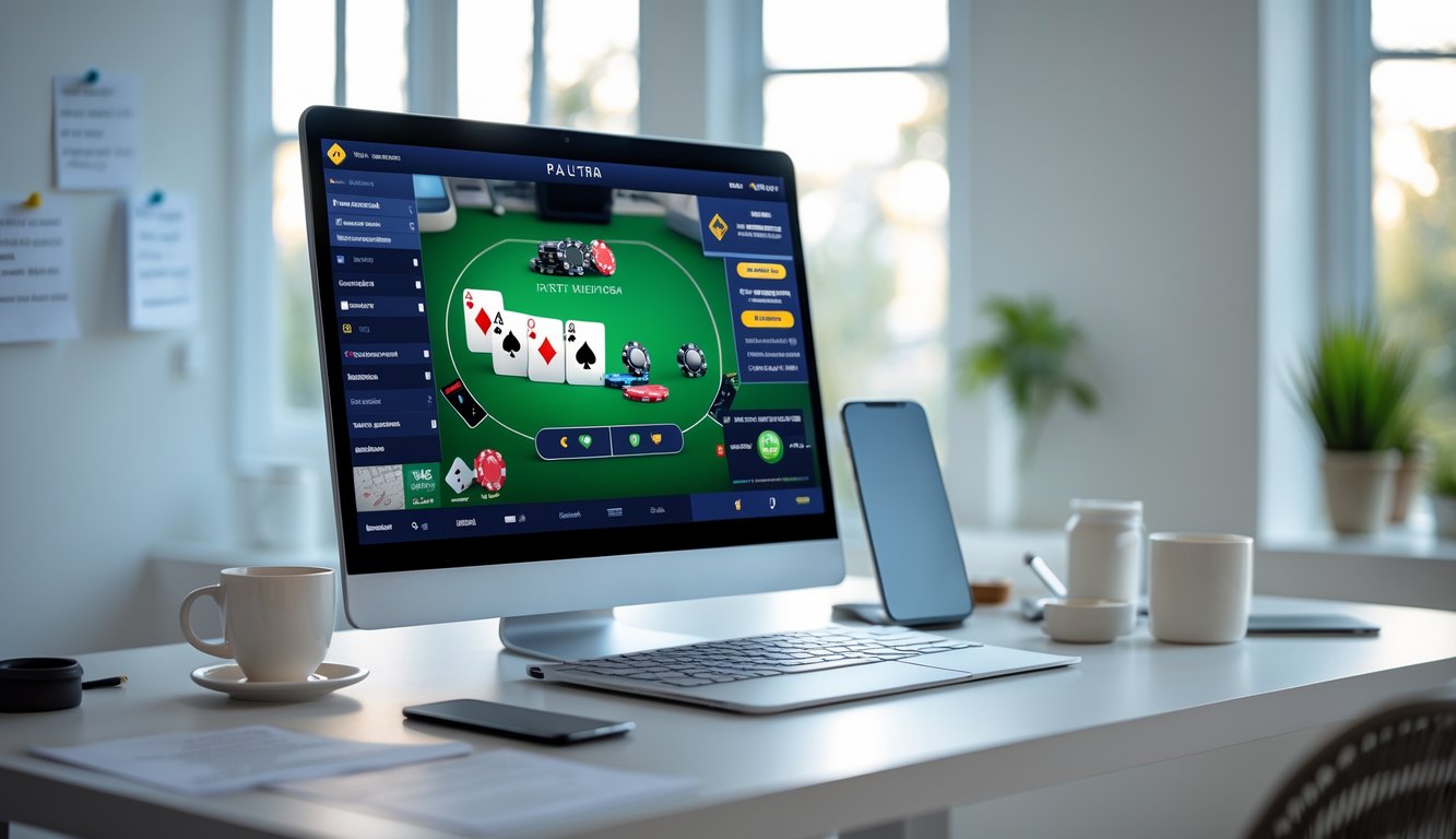 Seseorang bermain poker online di depan komputer dengan suasana ruangan yang terang dan nyaman.