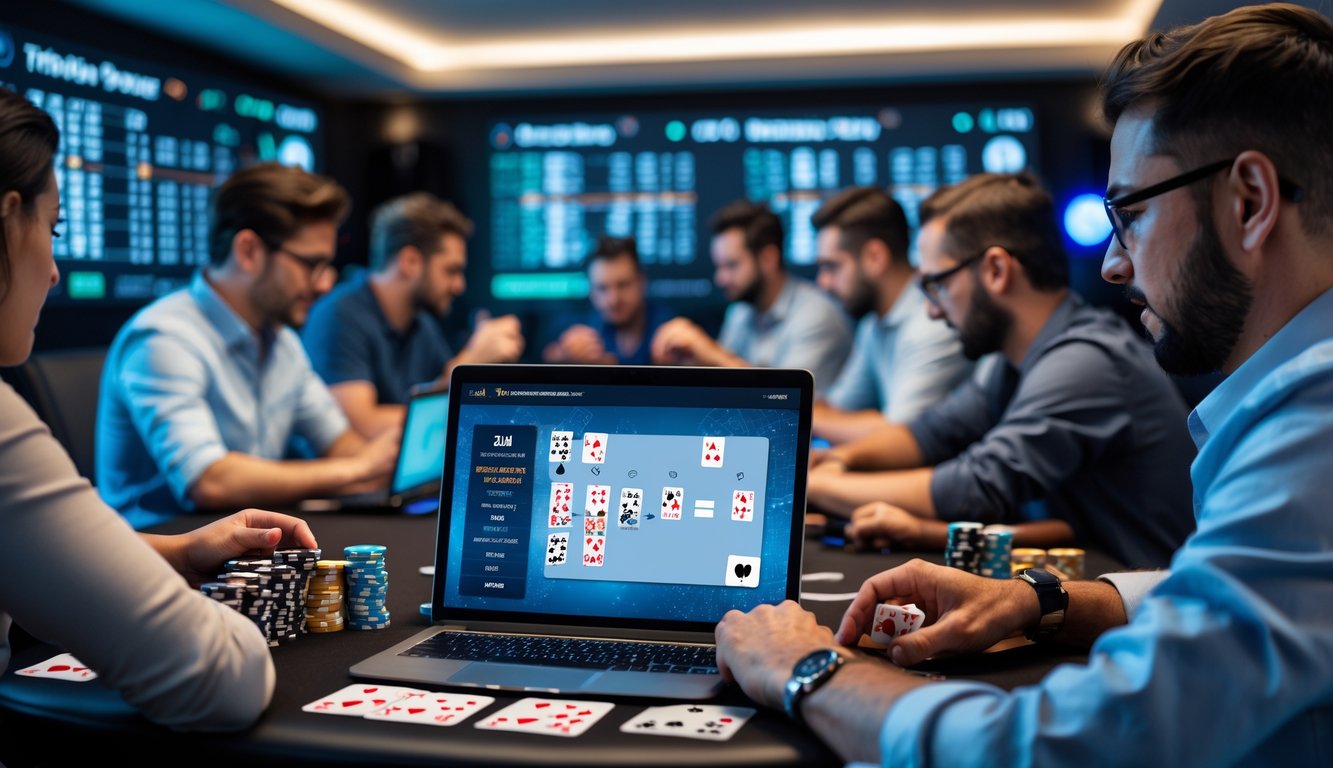 Beberapa orang bermain poker online dengan perangkat elektronik di ruangan modern, menampilkan suasana fokus dan interaktif.